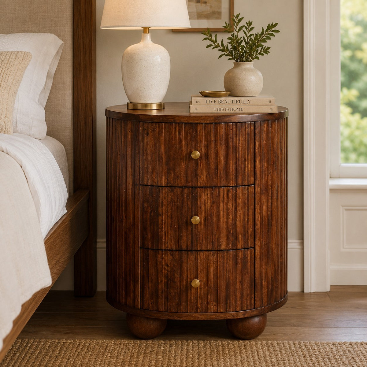 Elara Fluted 3-Drawer Nightstand, Chestnut