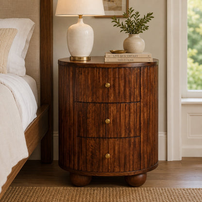 Elara Fluted 3-Drawer Nightstand, Chestnut
