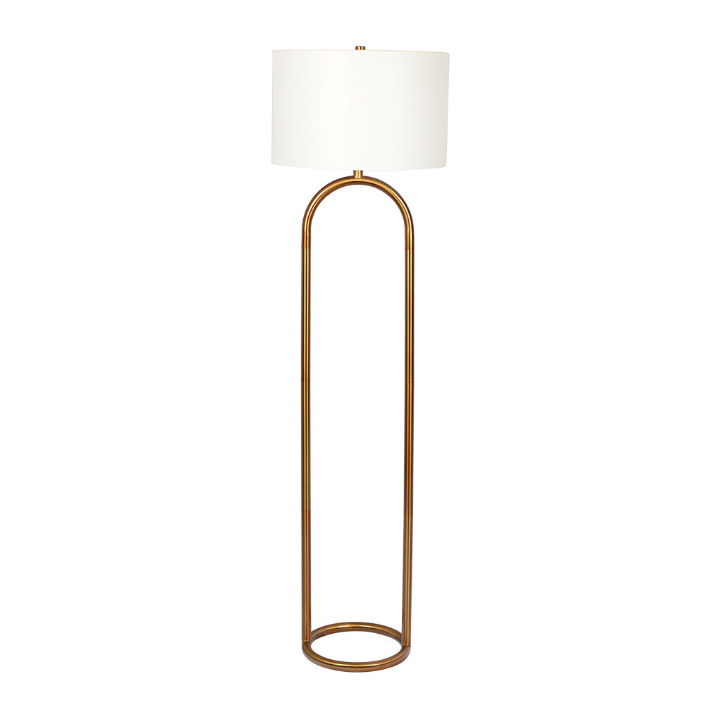 Vivid Brass Floor Lamp with Ring Base and White Drum Shade