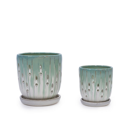 Siena Carved Ceramic Planter Set, Green