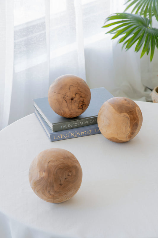 Organic Teak Wood Sculptural Spheres, Set of 3