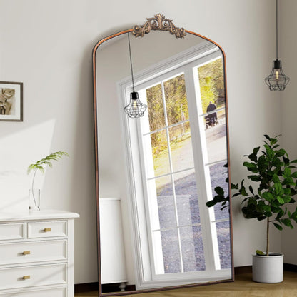 Ornate Arched Full-Length Mirror – 66” Antique Bronze Metal Frame