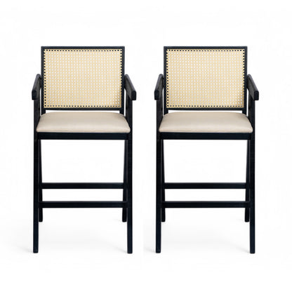 Cannes Set of 2 Cane Bar Stools, Black