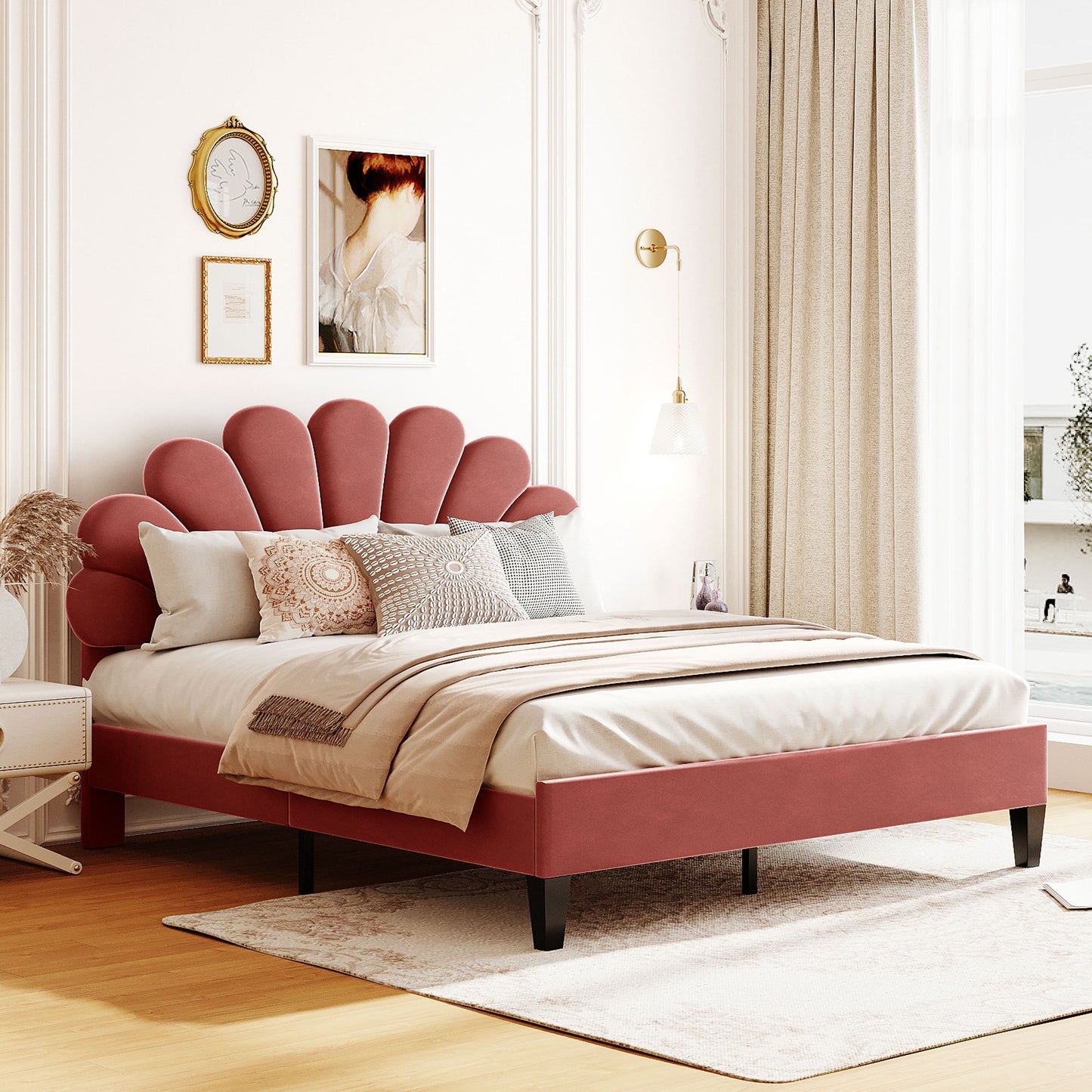 Pearl Velvet Upholstered Platform Queen Bed, Terracotta Red