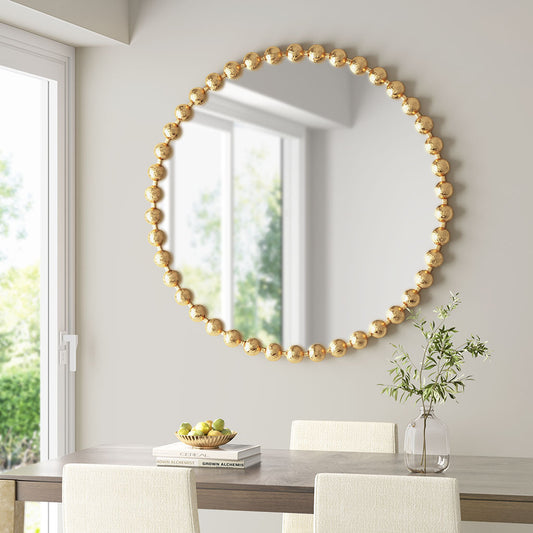 Gold Beaded Round Wall Mirror – 36” Decorative Accent Mirror