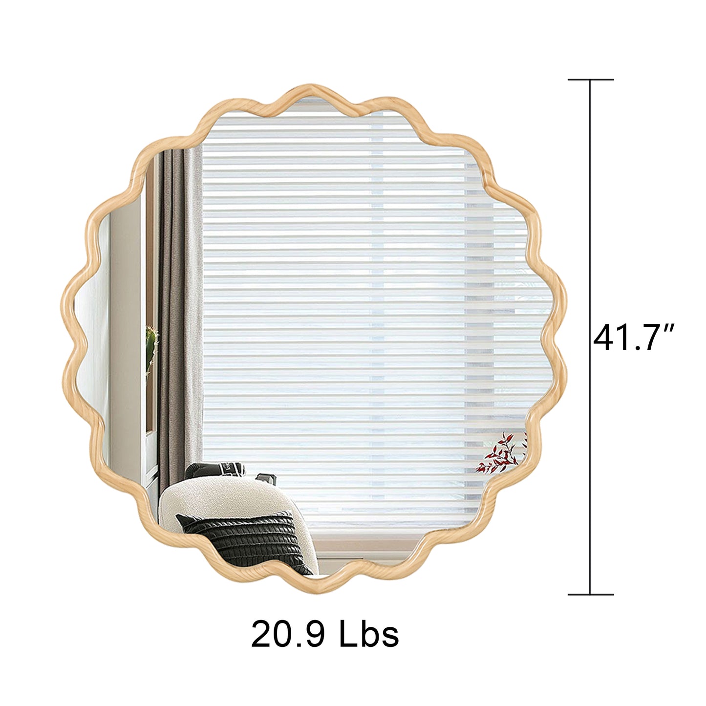 Solid Wood Wavy Round Mirror – 42” Natural Finish