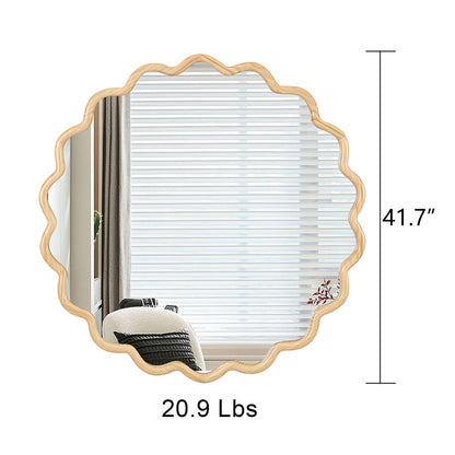 Solid Wood Wavy Round Mirror – 42” Natural Finish