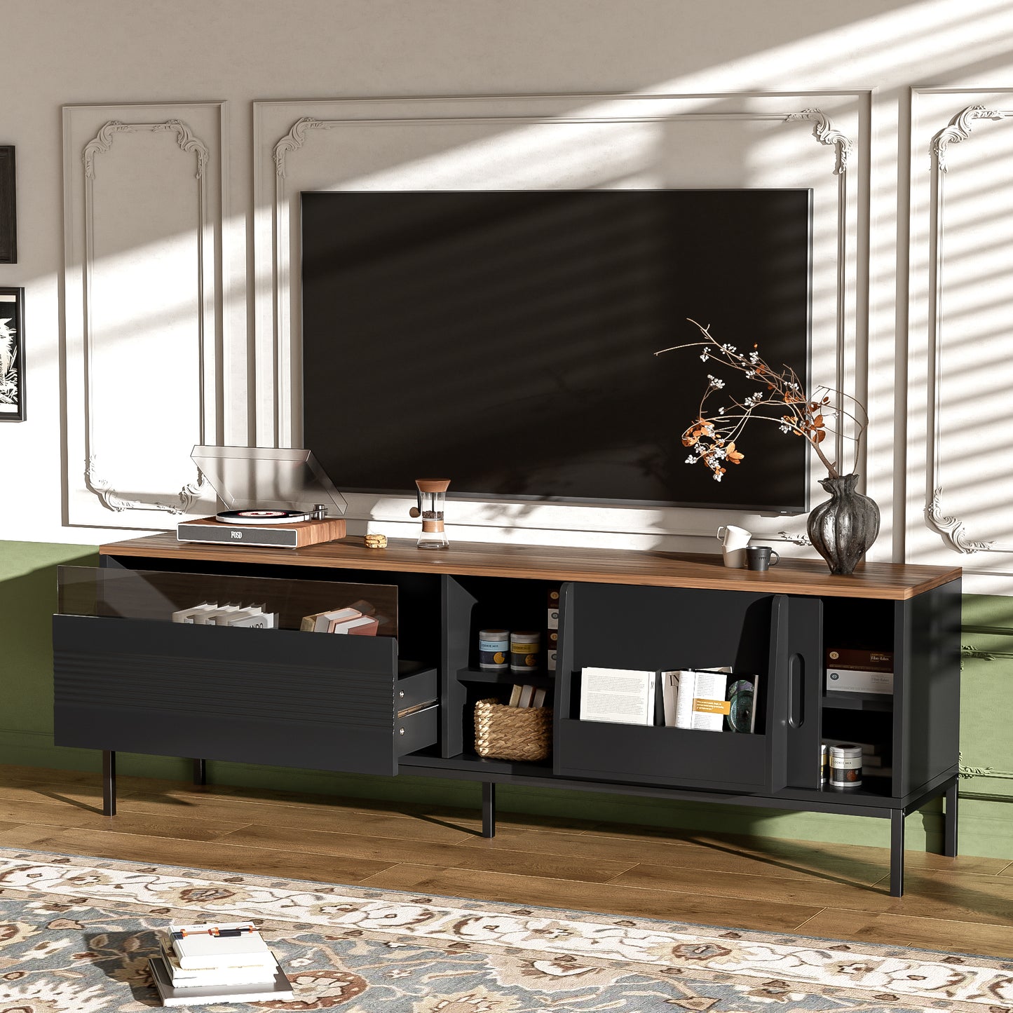 Kova Walnut and Black Sliding Media Console