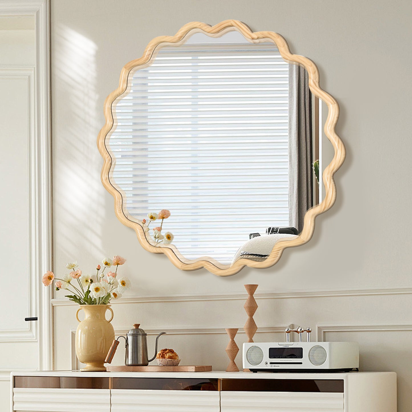 Solid Wood Wavy Round Mirror – 42” Natural Finish