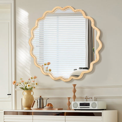 Solid Wood Wavy Round Mirror – 42” Natural Finish