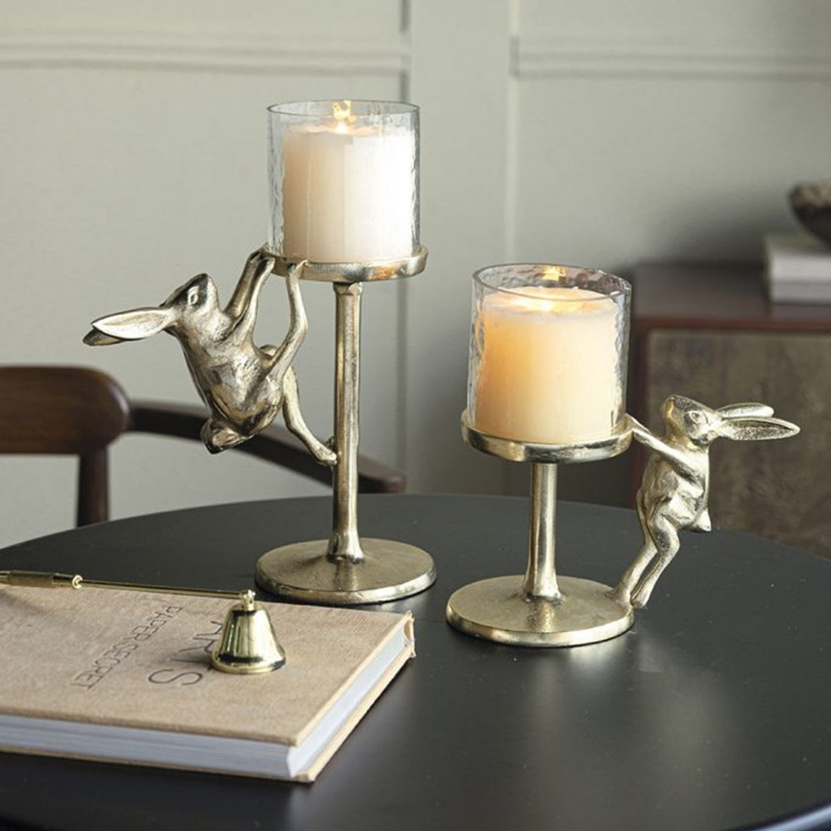 Gilded Rabbit Glass Hurricane Candle Holders, Set of 2