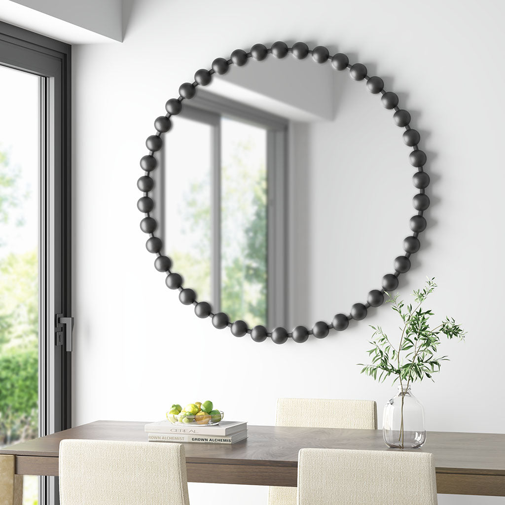 Black Beaded Round Wall Mirror – 36” Decorative Accent Mirror