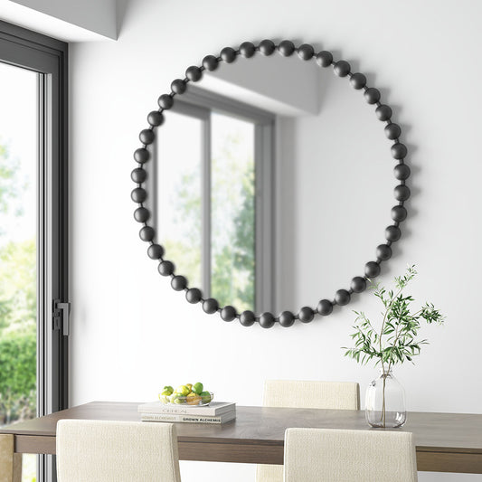 Black Beaded Round Wall Mirror – 36” Decorative Accent Mirror