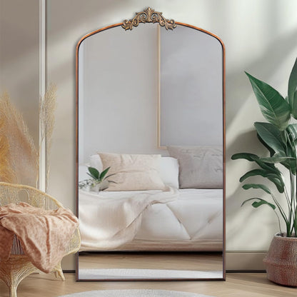 Ornate Arched Full-Length Mirror – 66” Antique Bronze Metal Frame