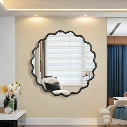 Solid Wood Wavy Round Mirror – 42” Black Finish
