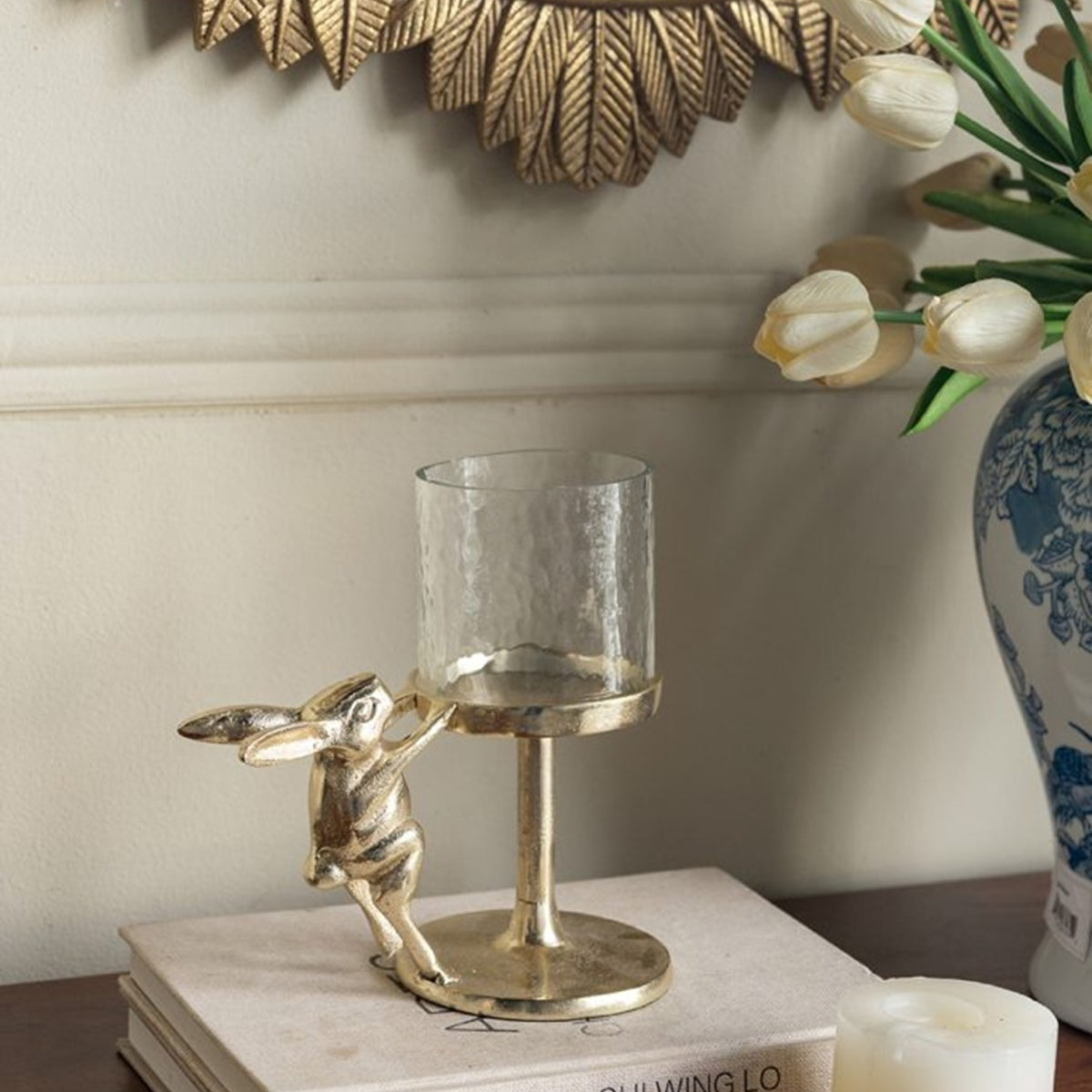 Gilded Rabbit Glass Hurricane Candle Holders, Set of 2