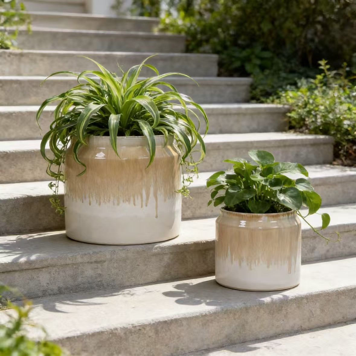 Caspian Drip Glaze Ceramic Planter Set, Beige