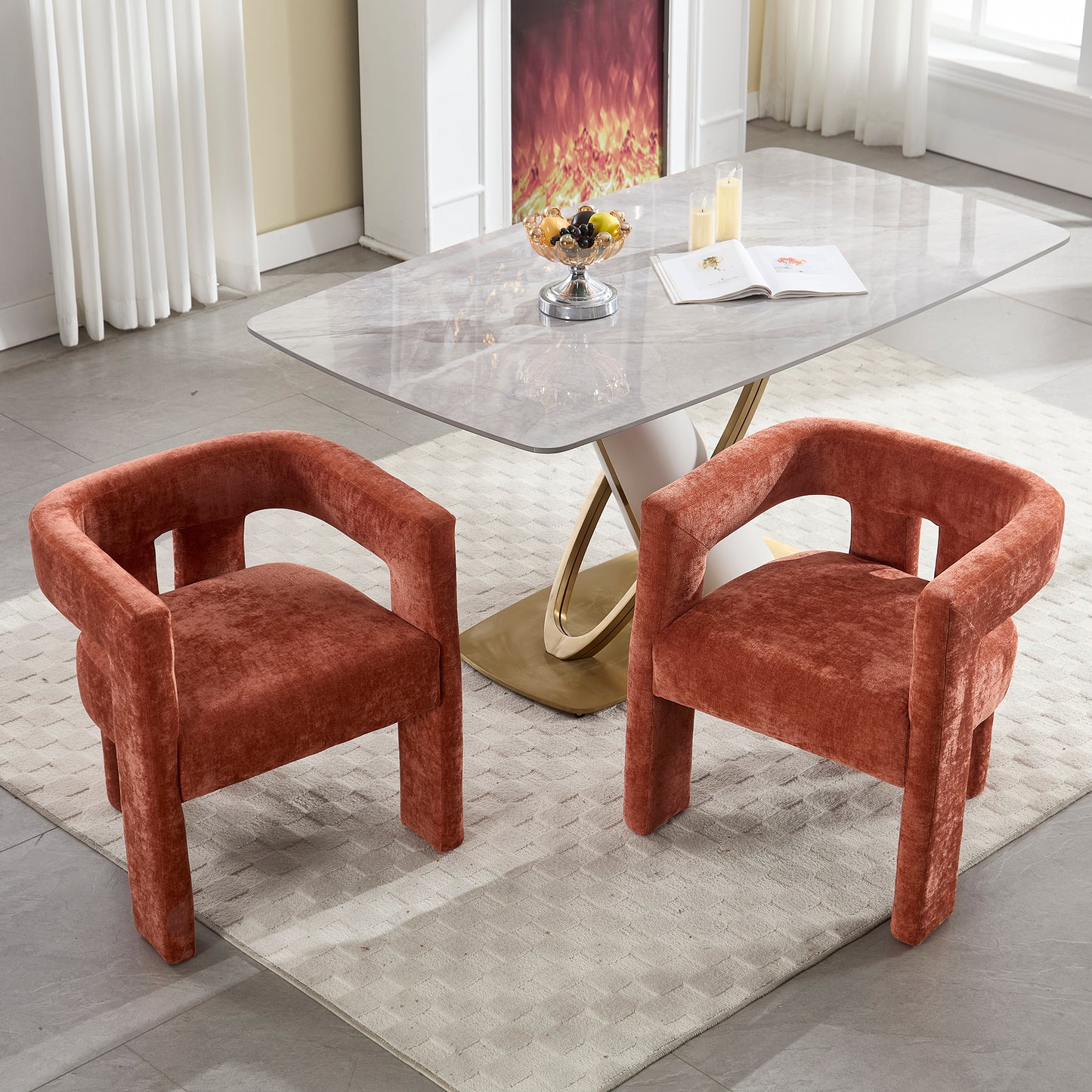 Sloane Set of 2 Chenille Barrel Dining Chair, Burnt Orange