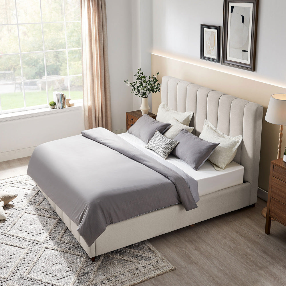 Beark Upholstered Full Size Bed Frame, White