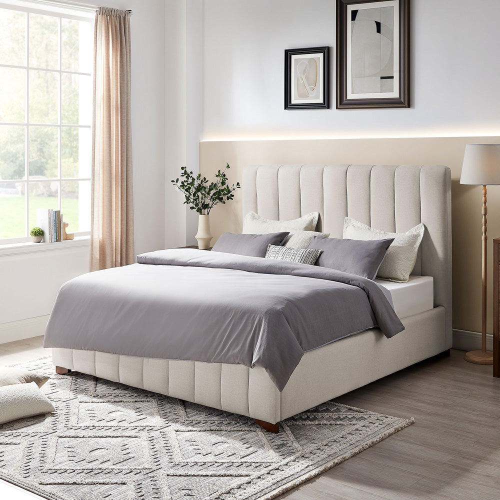 Beark Upholstered Full Size Bed Frame, White