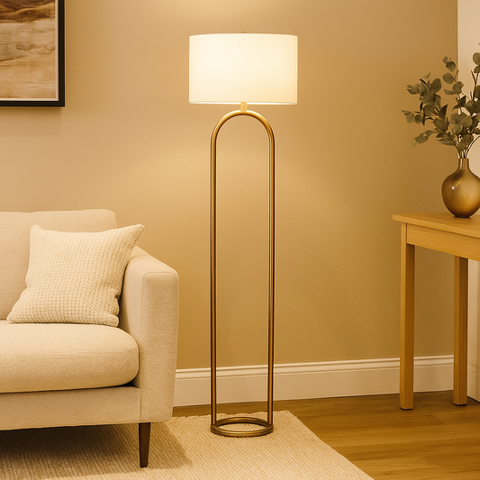 Vivid Brass Floor Lamp with Ring Base and White Drum Shade