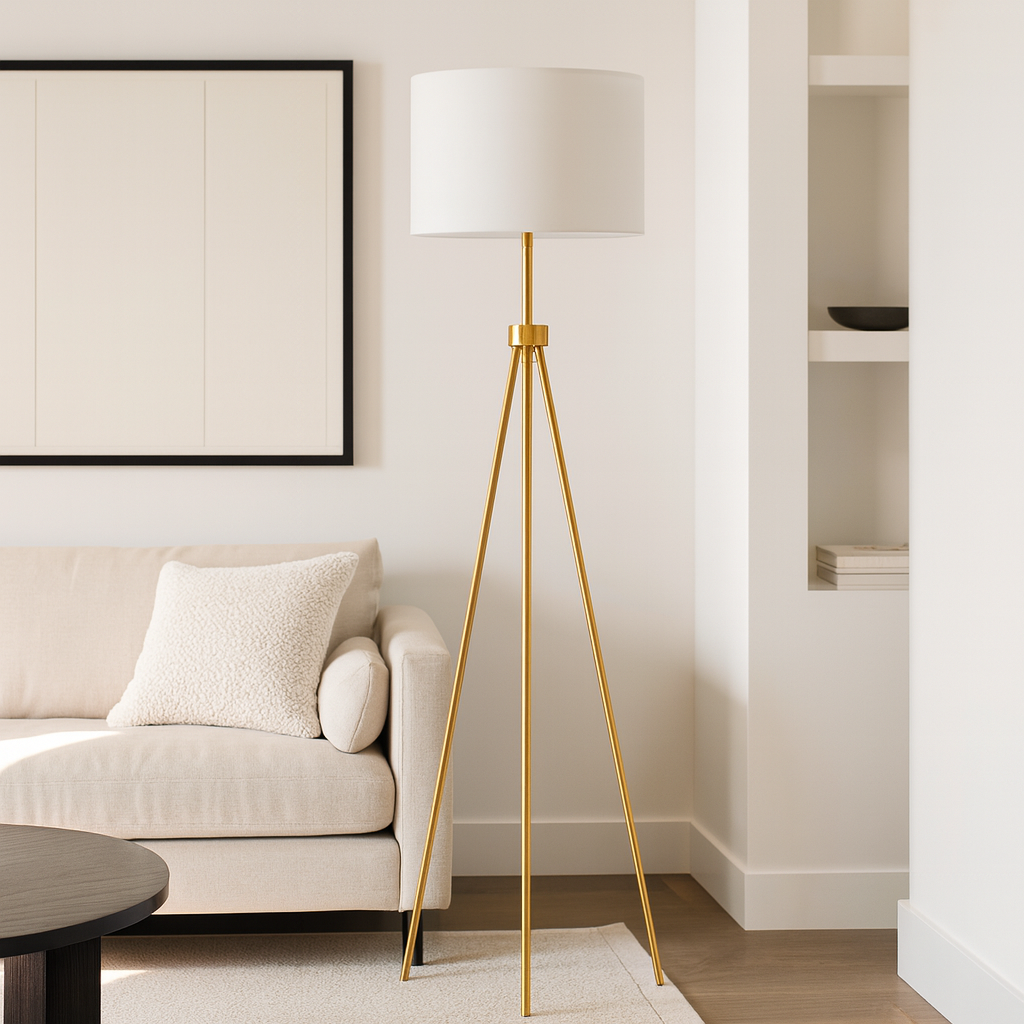 Orion Gold Tripod Floor Lamp with White Drum Shade