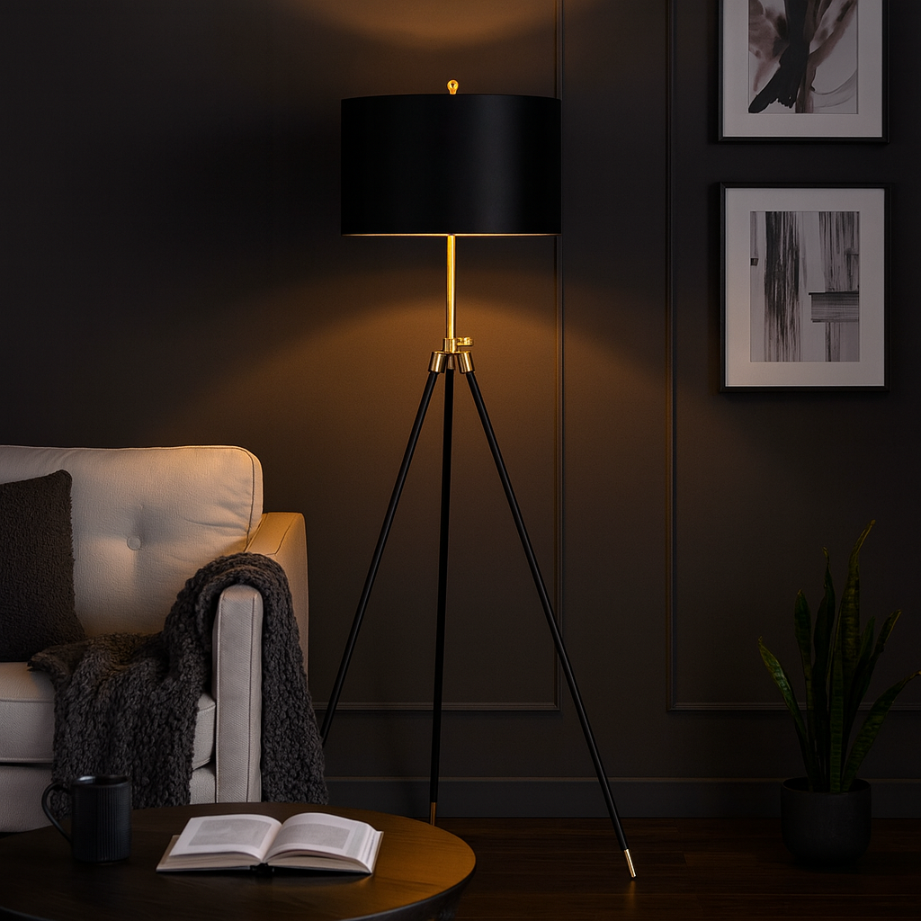 Arden Black and Gold Tripod Floor Lamp with Black Drum Shade