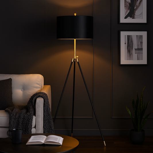 Arden Black and Gold Tripod Floor Lamp with Black Drum Shade