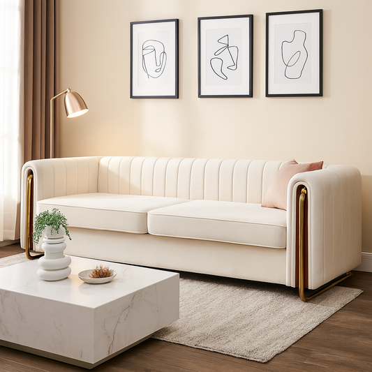 84" Channel Velvet Sofa, Beige