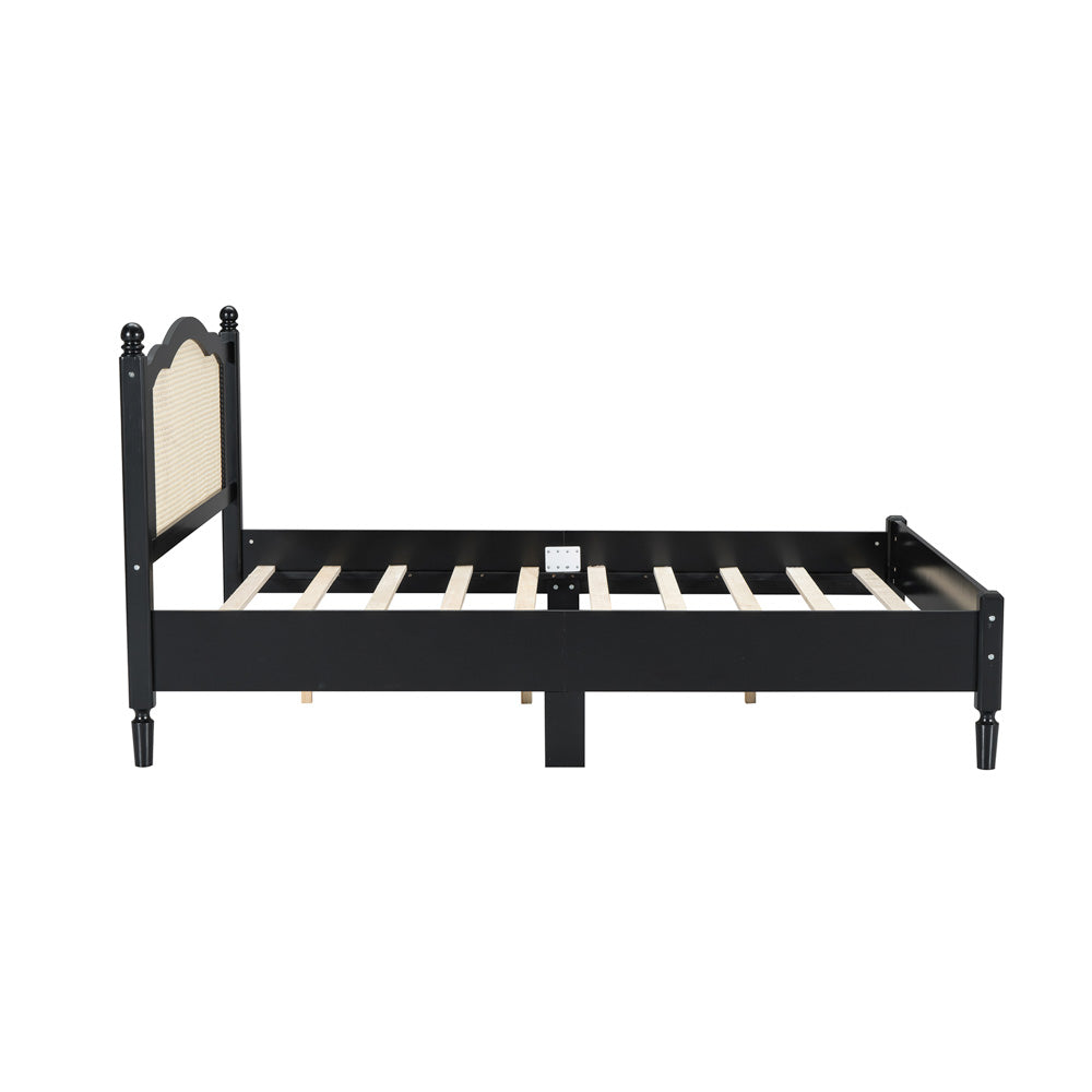 Jusu Rattan Headboard Queen Sized Bed, Black