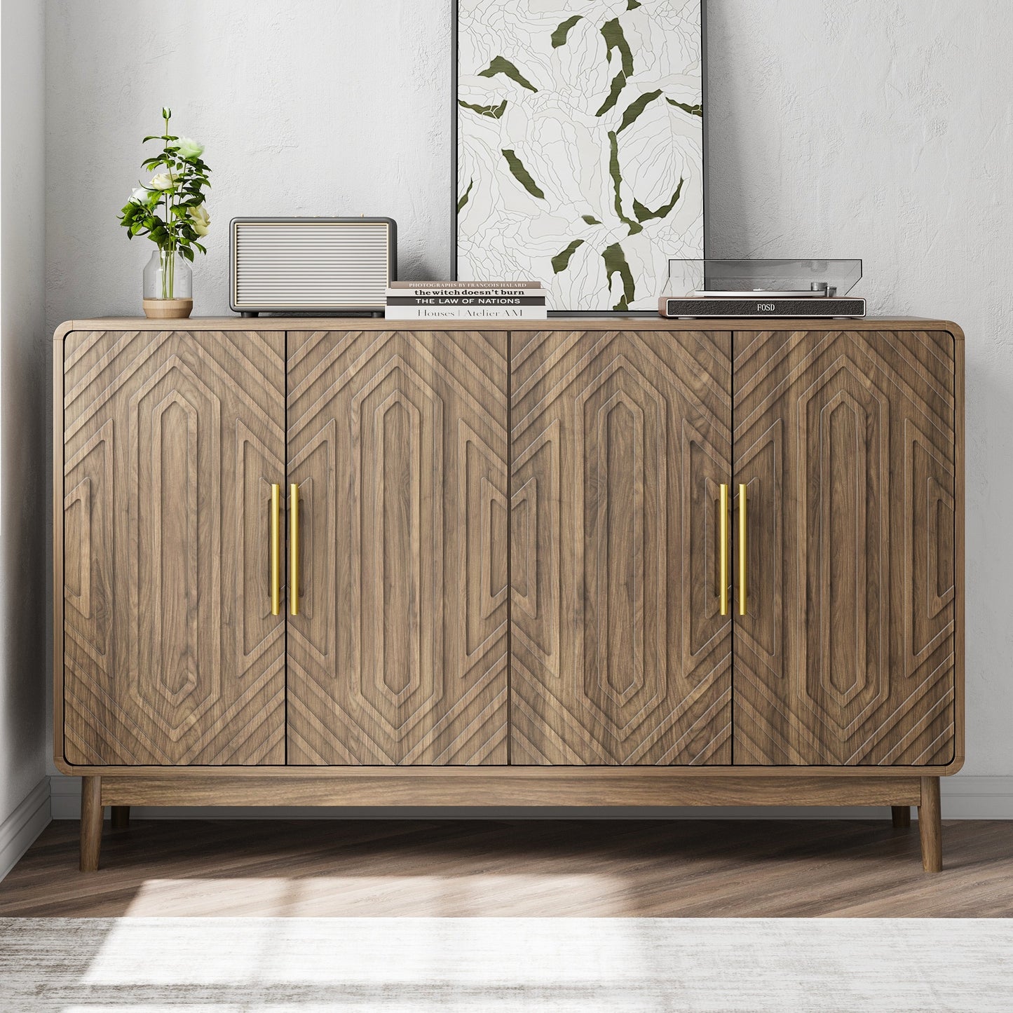 Walnut Geometric Relief Sideboard