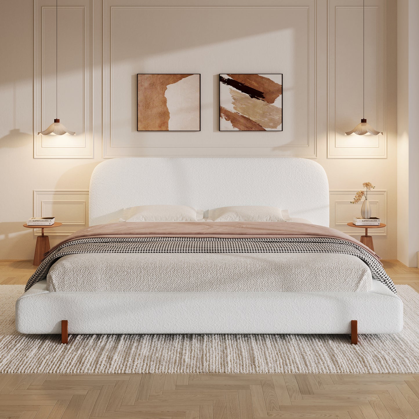 Luna Velvet Platform King Bed, Soft White