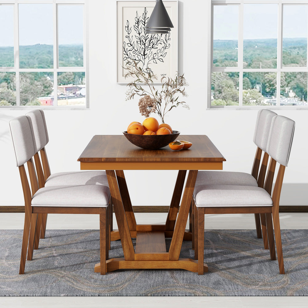 Mela 5-Piece Solid Wood Dining Table Set, Walnut