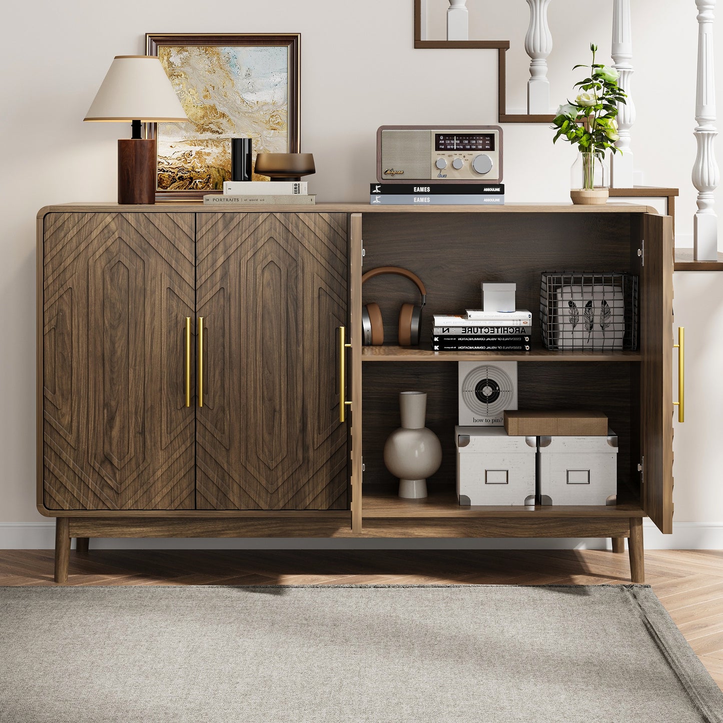 Walnut Geometric Relief Sideboard