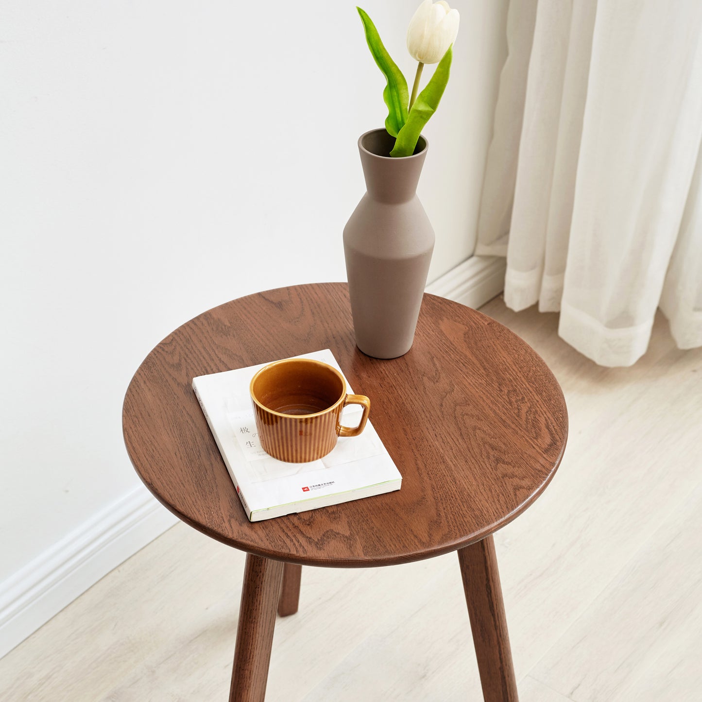 Round Solid Oak Side Table, Walnut Finish