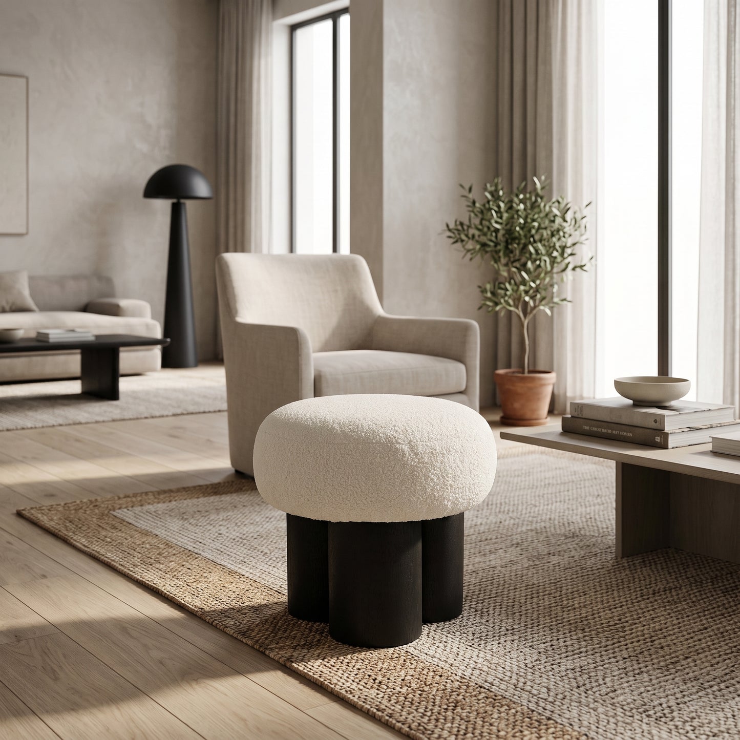 Mushroom Sculptural Bouclé Accent Stool, Black