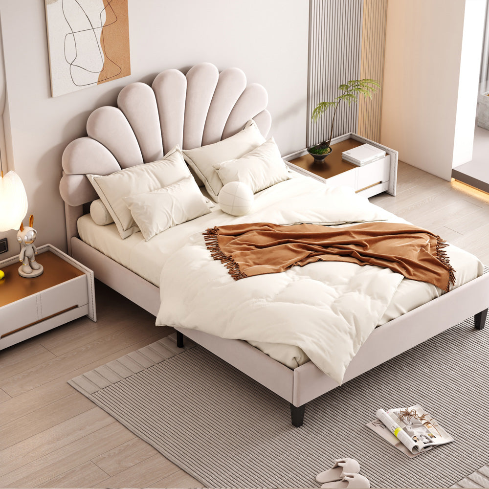 Pearl Velvet Upholstered Platform Full Size Bed, Beige