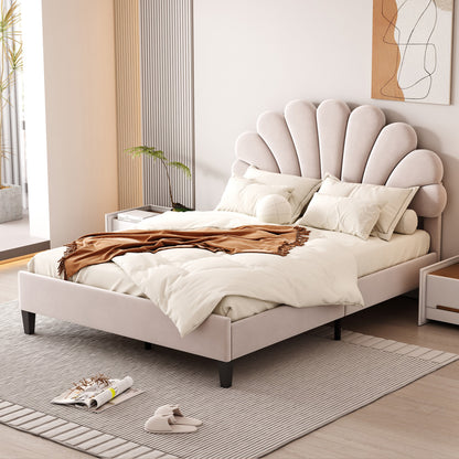 Petal Velvet Platform Full Bed, Beige