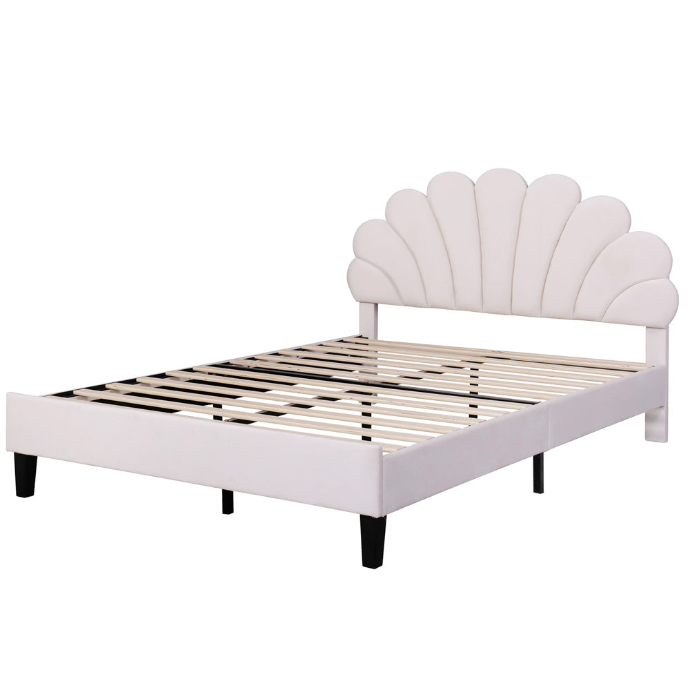 Pearl Velvet Upholstered Platform Full Size Bed, Beige