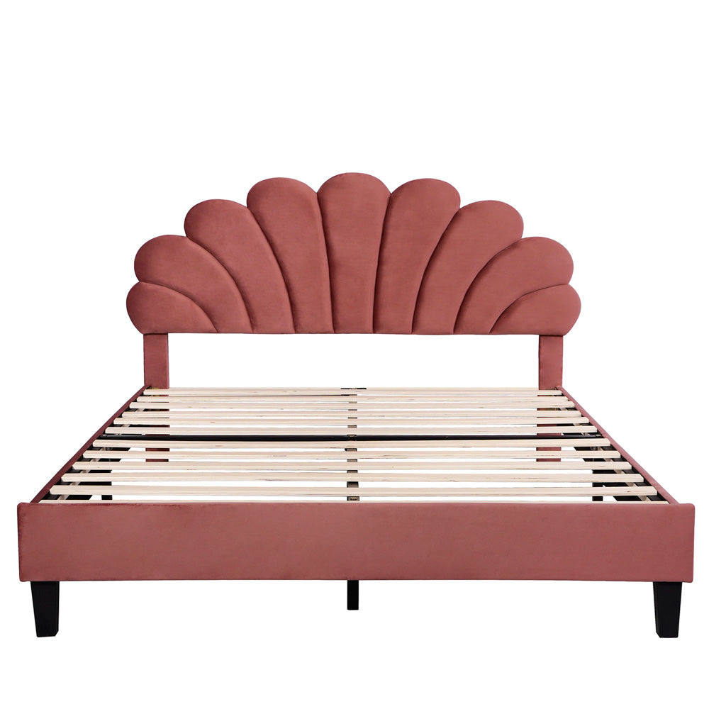 Pearl Velvet Upholstered Platform Queen Bed, Terracotta Red