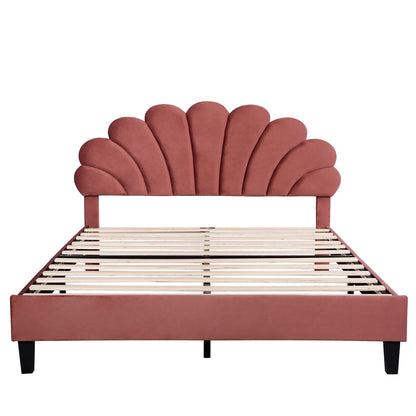 Petal Velvet Platform Queen Bed, Terracotta Red