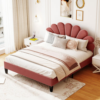 Petal Velvet Platform Queen Bed, Terracotta Red
