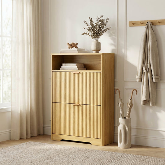 Linden Fluted Shoe Storage Cabinet, Natural