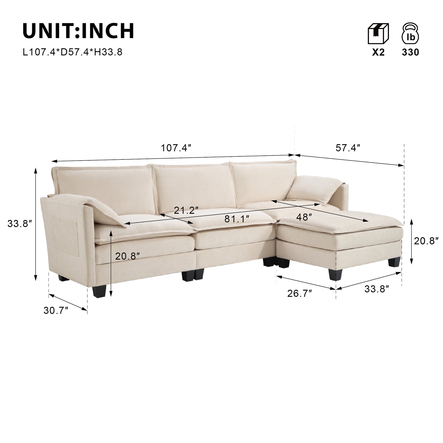 Calder Modular Chaise Sectional Sofa (107") – Beige