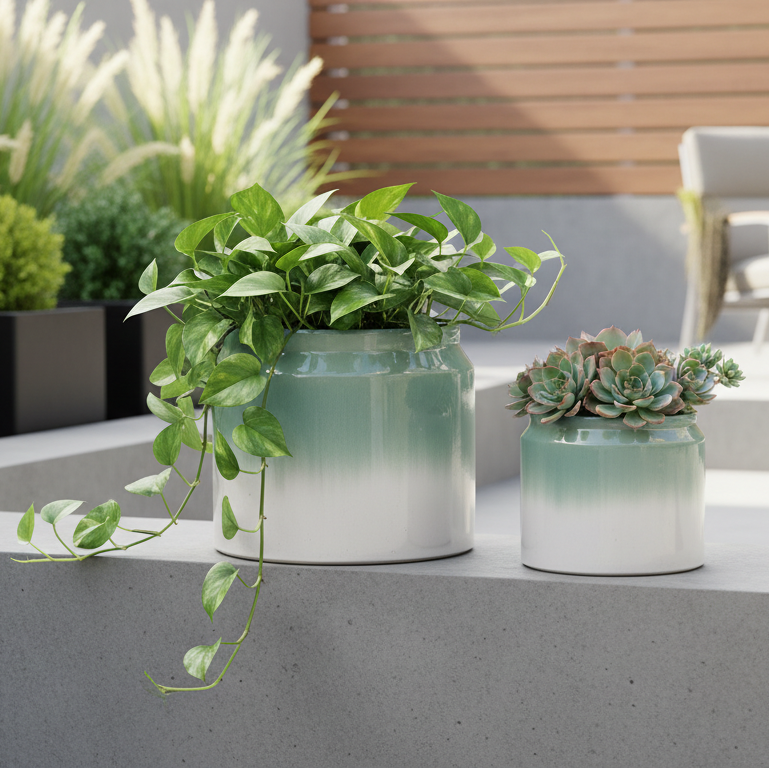 Caspian Drip Glaze Ceramic Planter Set, Green