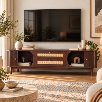 Milo Fluted Rattan Media Credenza, Walnut Brown
