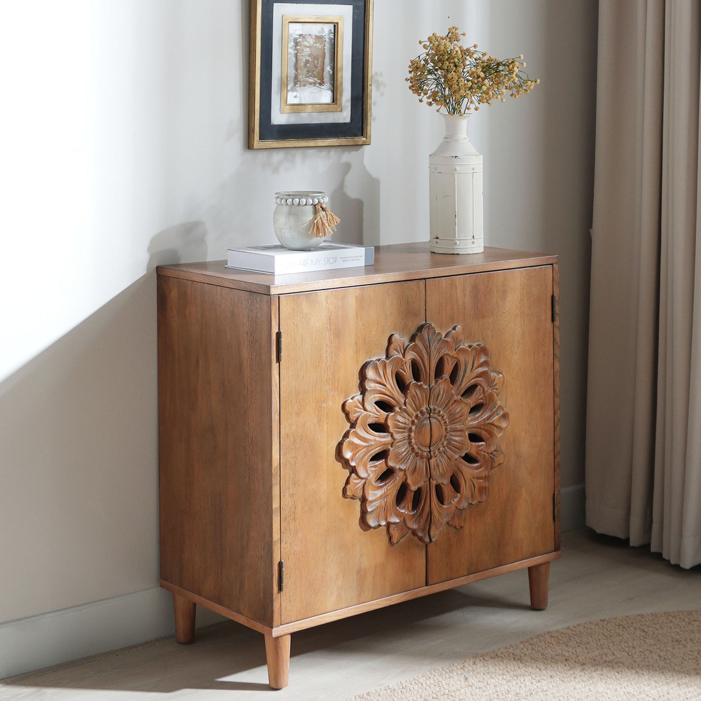 Maris Hand-Carved Rosette Wood Cabinet