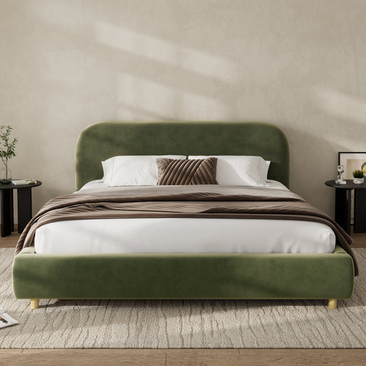 Aveline Velvet Platform Queen Bed, Olive Green