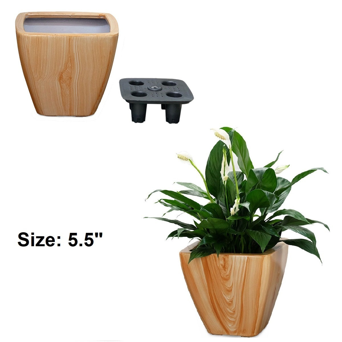 Light Faux Wood Self-Watering Square Planter Pots, Set of 2