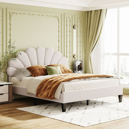 Petal Velvet Platform Queen Bed, Beige